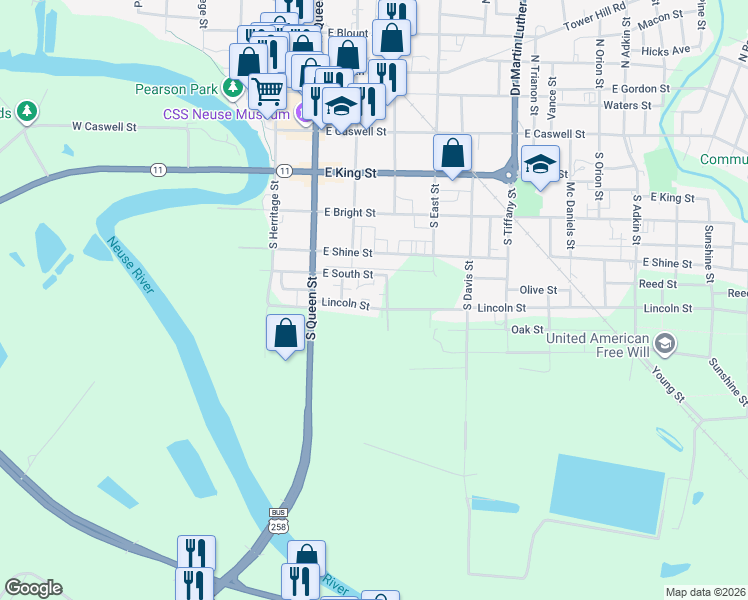 map of restaurants, bars, coffee shops, grocery stores, and more near 202 Lincoln Street in Kinston