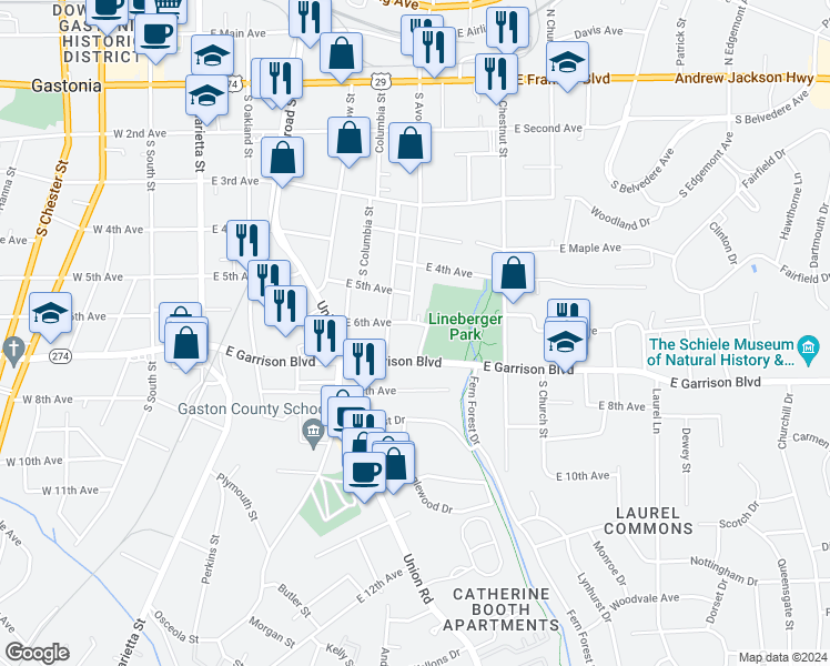 map of restaurants, bars, coffee shops, grocery stores, and more near 707 South Avon Street in Gastonia