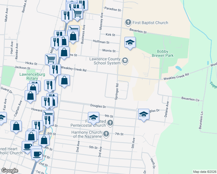 map of restaurants, bars, coffee shops, grocery stores, and more near 1208 Toben Terrace in Lawrenceburg