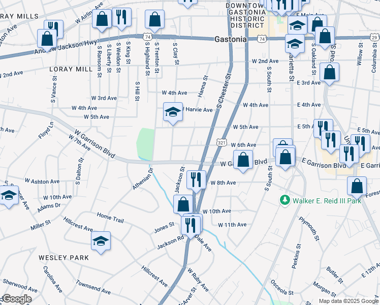 map of restaurants, bars, coffee shops, grocery stores, and more near 708 Jackson Street in Gastonia