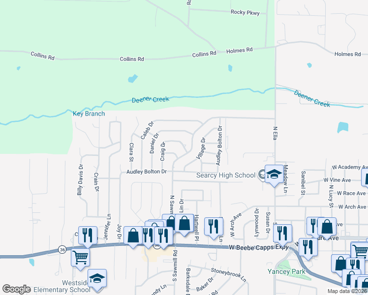 map of restaurants, bars, coffee shops, grocery stores, and more near 424 Craig Drive in Searcy