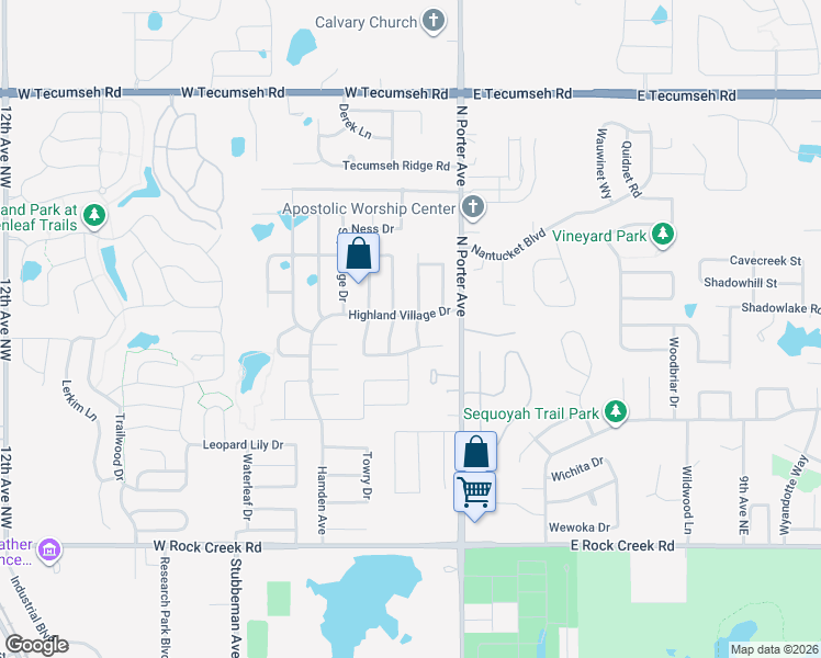 map of restaurants, bars, coffee shops, grocery stores, and more near 2912 Tara Lane in Norman