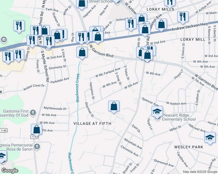 map of restaurants, bars, coffee shops, grocery stores, and more near 1617 West 4th Avenue in Gastonia