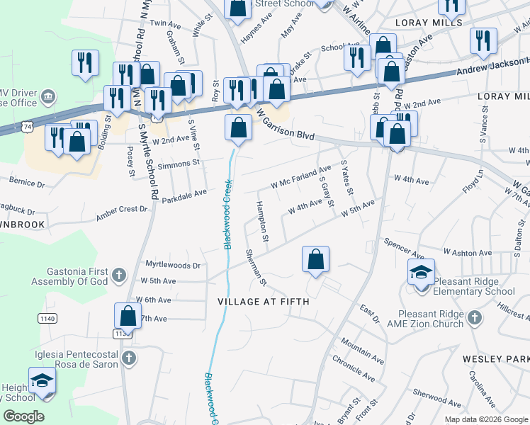 map of restaurants, bars, coffee shops, grocery stores, and more near 409 Hampton Street in Gastonia