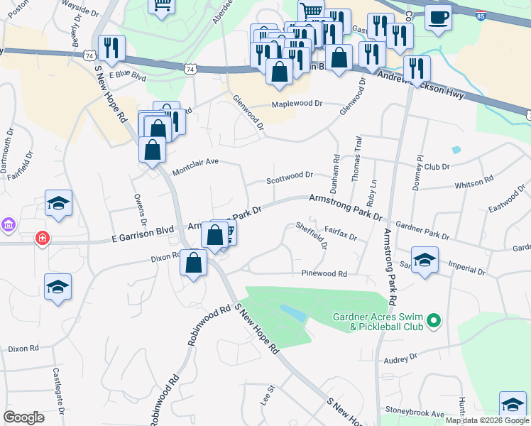 map of restaurants, bars, coffee shops, grocery stores, and more near 2013 Armstrong Park Drive in Gastonia