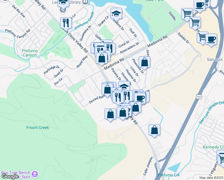 map of restaurants, bars, coffee shops, grocery stores, and more near Los Osos Valley Rd & Devaul Ranch Dr in San Luis Obispo
