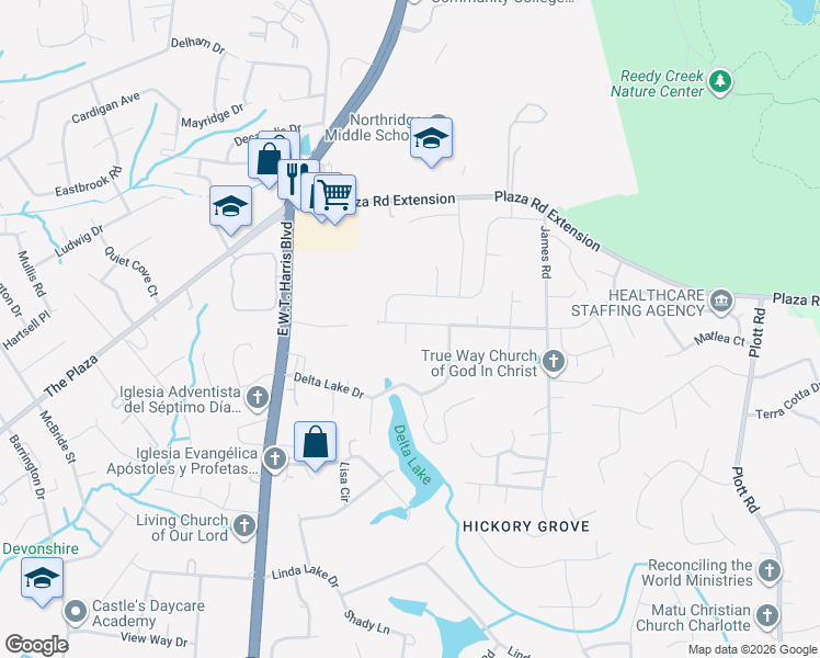 map of restaurants, bars, coffee shops, grocery stores, and more near 8302 Rockmoor Ridge Road in Charlotte