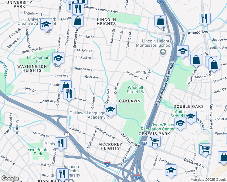 map of restaurants, bars, coffee shops, grocery stores, and more near 1347 Orvis Street in Charlotte