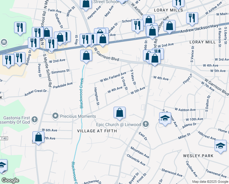 map of restaurants, bars, coffee shops, grocery stores, and more near 1617 West 4th Avenue in Gastonia