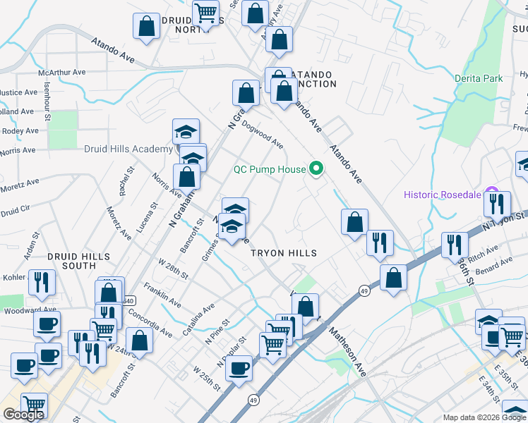 map of restaurants, bars, coffee shops, grocery stores, and more near 617 Colorado Avenue in Charlotte