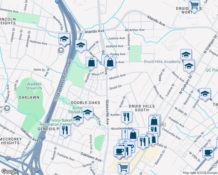 map of restaurants, bars, coffee shops, grocery stores, and more near 1108 Druid Circle in Charlotte