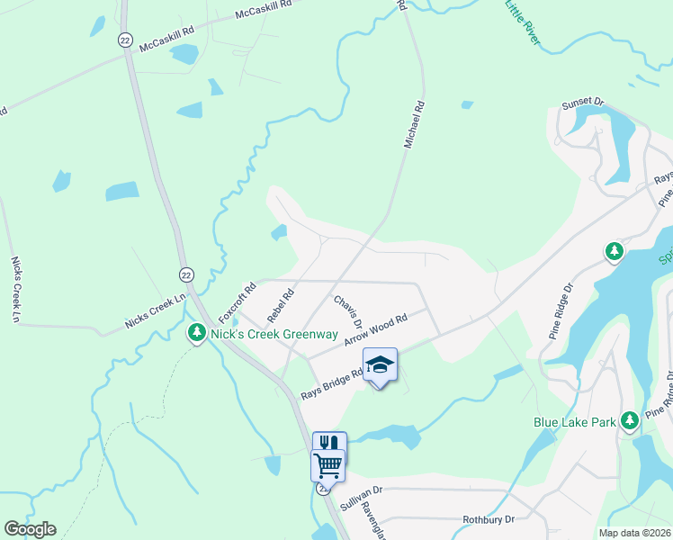 map of restaurants, bars, coffee shops, grocery stores, and more near 574 Michael Road in Whispering Pines