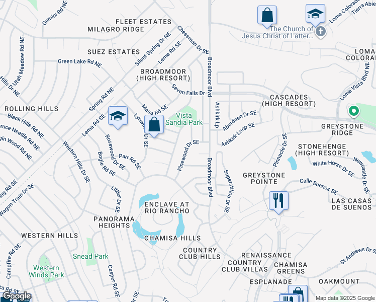 map of restaurants, bars, coffee shops, grocery stores, and more near 2760 Pinewood Drive Southeast in Rio Rancho