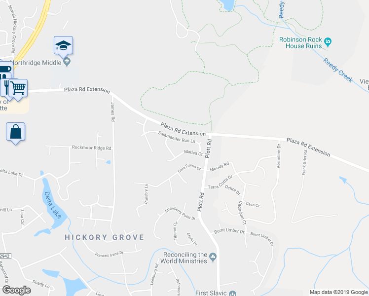 map of restaurants, bars, coffee shops, grocery stores, and more near 6471 Matlea Court in Charlotte