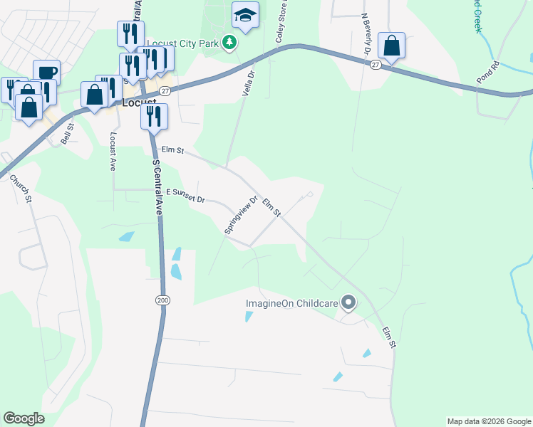 map of restaurants, bars, coffee shops, grocery stores, and more near 512 Elm St in Locust