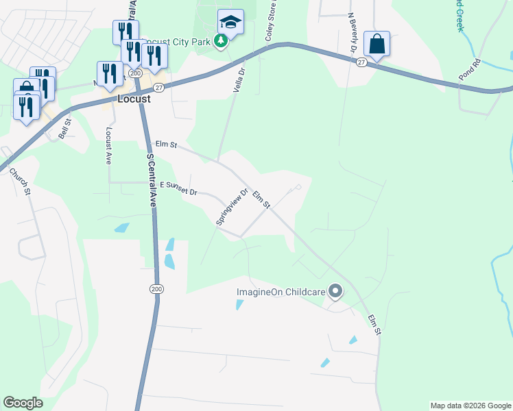 map of restaurants, bars, coffee shops, grocery stores, and more near 512 Elm Street in Locust