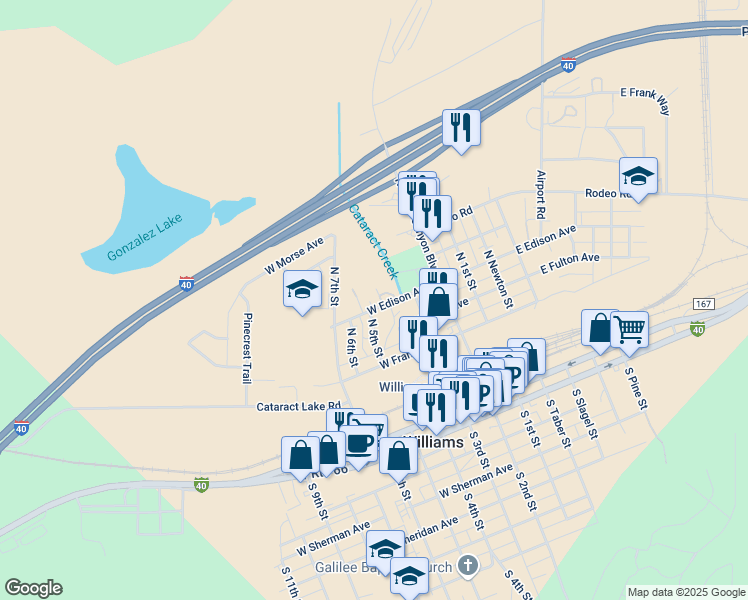 map of restaurants, bars, coffee shops, grocery stores, and more near 420 West Edison Avenue in Williams
