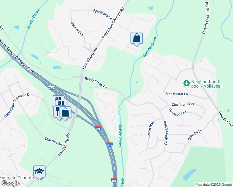 map of restaurants, bars, coffee shops, grocery stores, and more near 7608 Nicolette Court in Charlotte