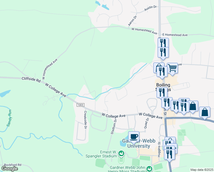 map of restaurants, bars, coffee shops, grocery stores, and more near 108 North College Manor Drive in Shelby