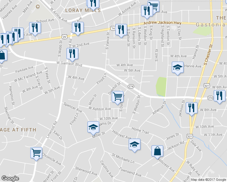 map of restaurants, bars, coffee shops, grocery stores, and more near 818 Overhill Street in Gastonia