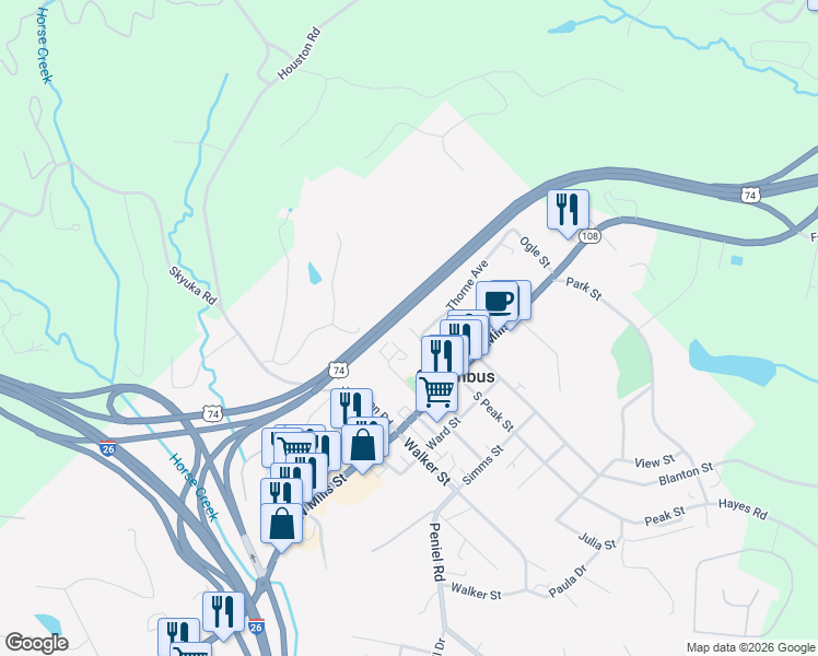 map of restaurants, bars, coffee shops, grocery stores, and more near North Peak Street in Columbus