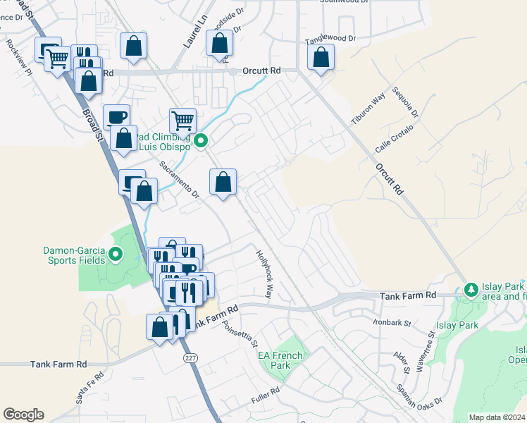 map of restaurants, bars, coffee shops, grocery stores, and more near 3950 Righetti Ranch Road in San Luis Obispo