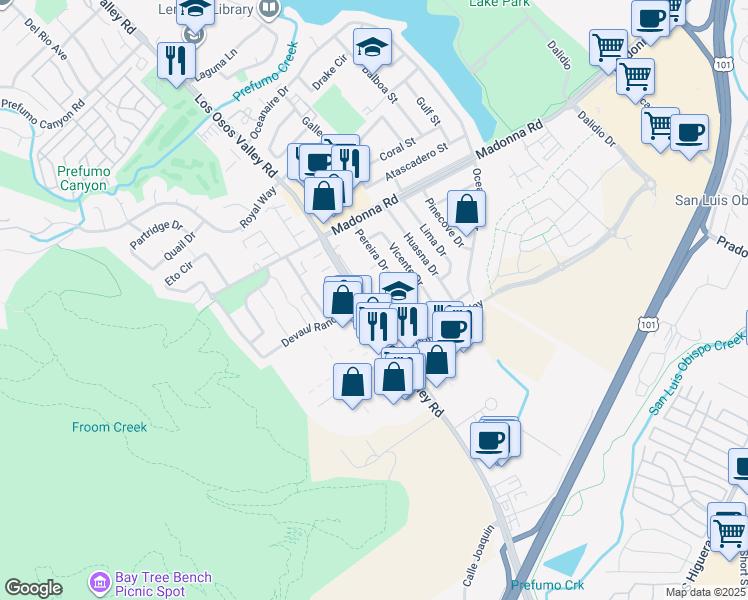 map of restaurants, bars, coffee shops, grocery stores, and more near 11860 Los Osos Valley Road in San Luis Obispo