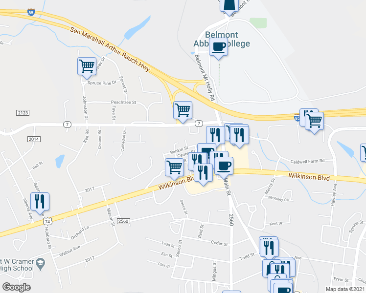 map of restaurants, bars, coffee shops, grocery stores, and more near 114 Rankin Street in Belmont