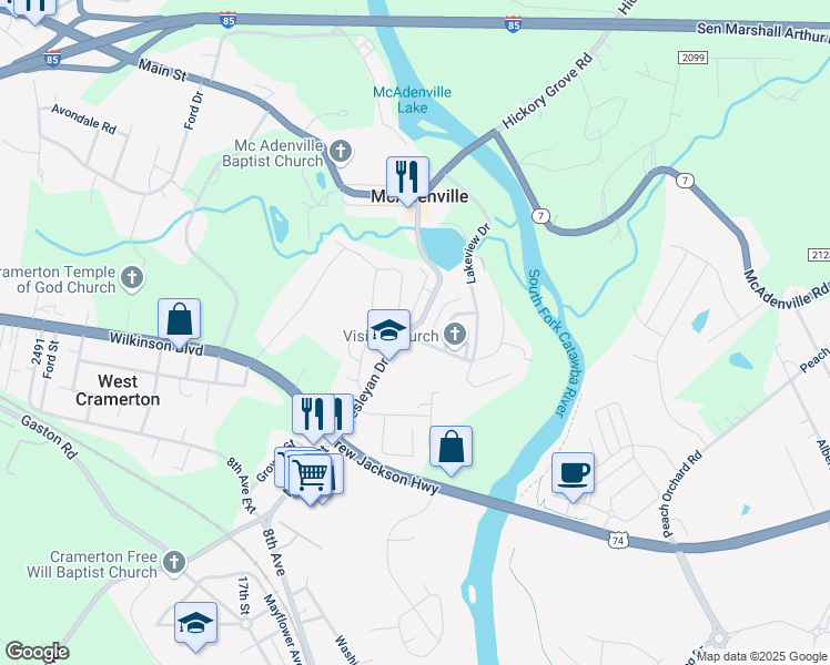 map of restaurants, bars, coffee shops, grocery stores, and more near 125 Church Street in McAdenville