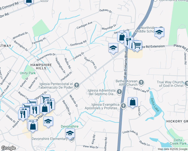 map of restaurants, bars, coffee shops, grocery stores, and more near 6834 The Plaza in Charlotte