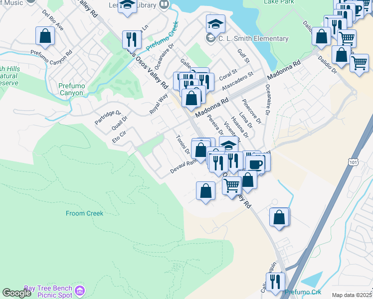 map of restaurants, bars, coffee shops, grocery stores, and more near 1778 Tonini Drive in San Luis Obispo