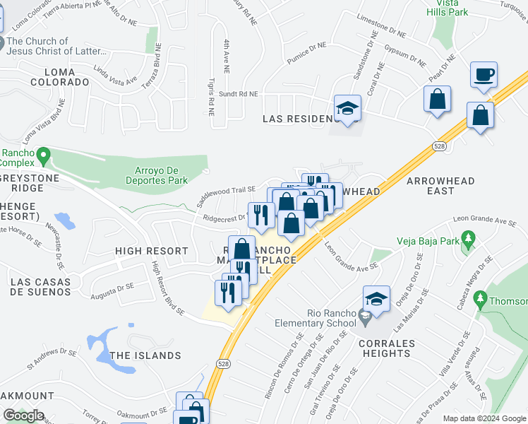 map of restaurants, bars, coffee shops, grocery stores, and more near 4213 Ridgeway Court in Rio Rancho