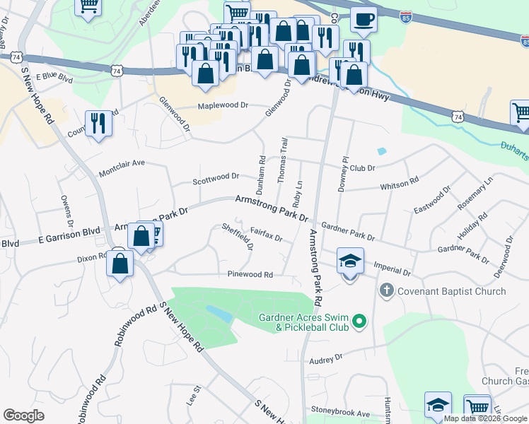 map of restaurants, bars, coffee shops, grocery stores, and more near 2421 Armstrong Park Drive in Gastonia
