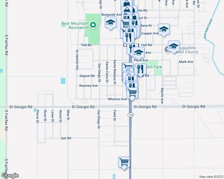 map of restaurants, bars, coffee shops, grocery stores, and more near 11008 Santa Barbara Street in Lamont