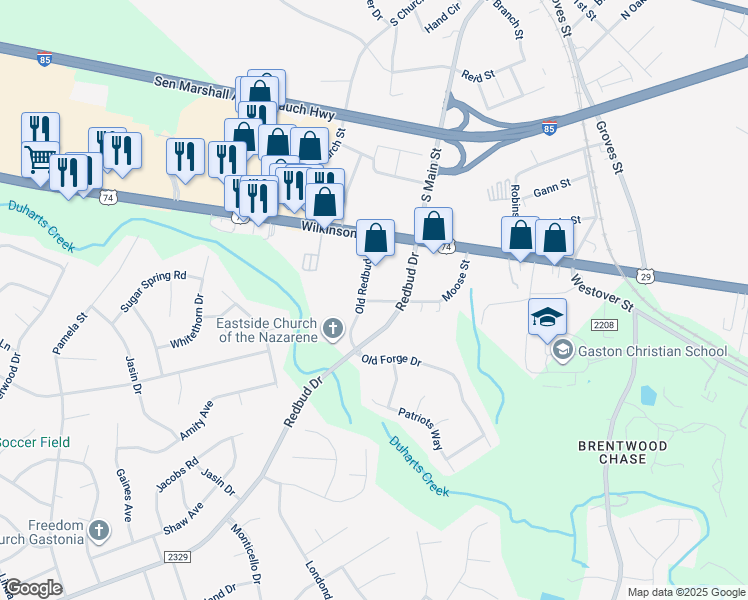 map of restaurants, bars, coffee shops, grocery stores, and more near 3523 Belt Drive in Gastonia