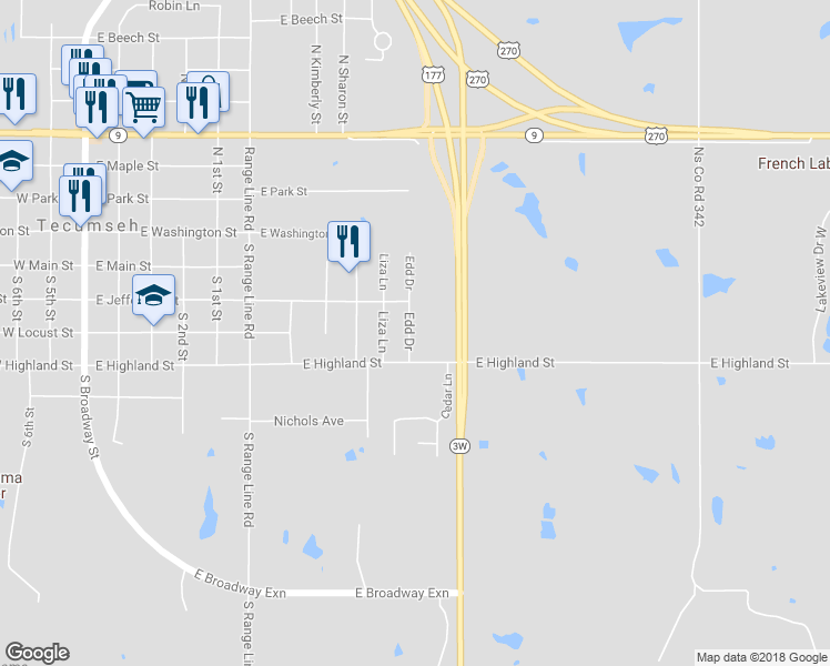 map of restaurants, bars, coffee shops, grocery stores, and more near 311 Edd Drive in Tecumseh