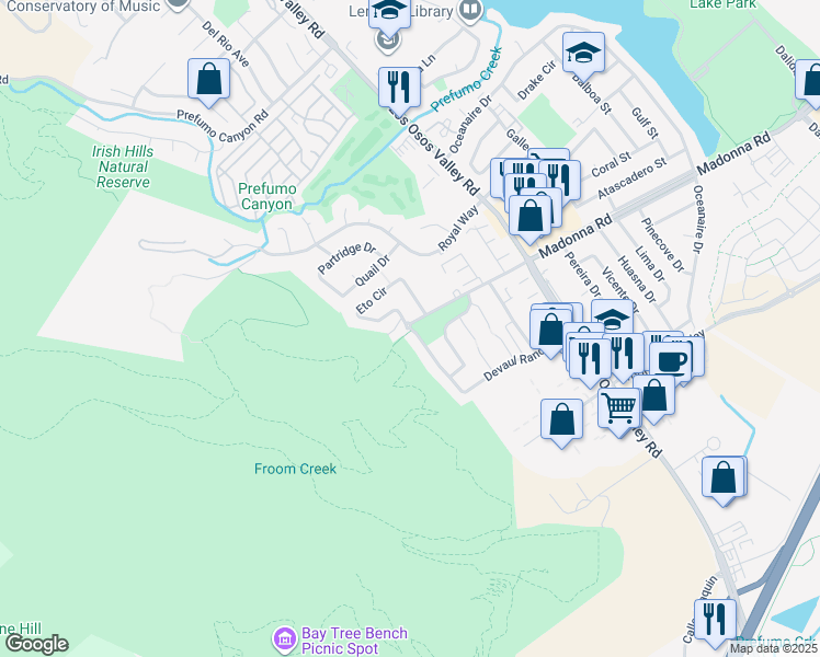 map of restaurants, bars, coffee shops, grocery stores, and more near 1740 Devaul Ranch Drive in San Luis Obispo