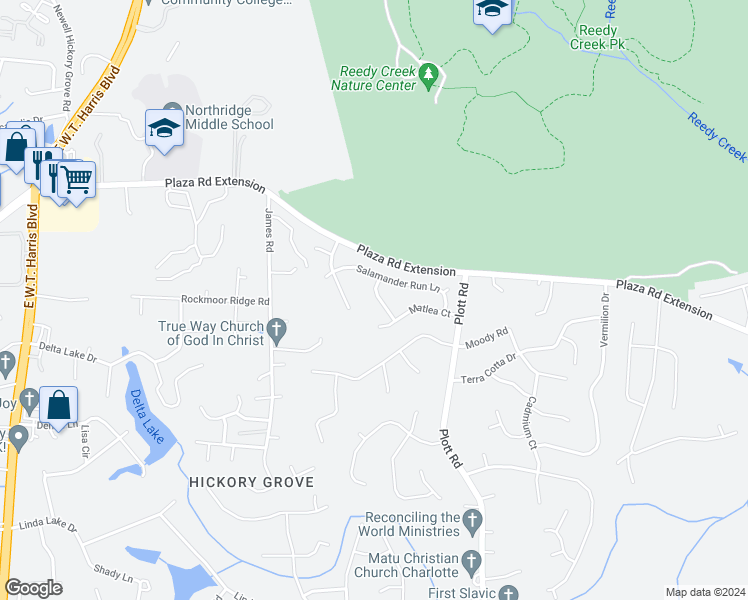 map of restaurants, bars, coffee shops, grocery stores, and more near 2726 Red Squirrel Trail in Charlotte