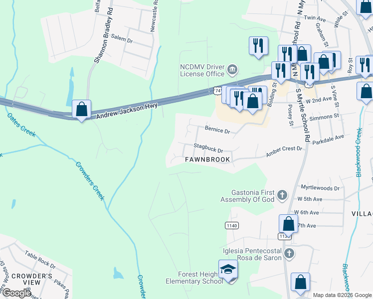 map of restaurants, bars, coffee shops, grocery stores, and more near 406 Elkhorn Lane in Gastonia