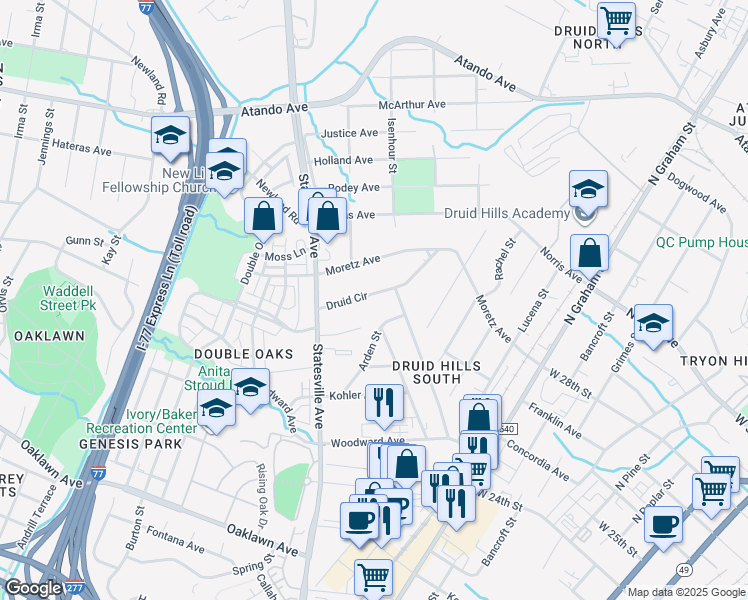 map of restaurants, bars, coffee shops, grocery stores, and more near 1017 Druid Circle in Charlotte