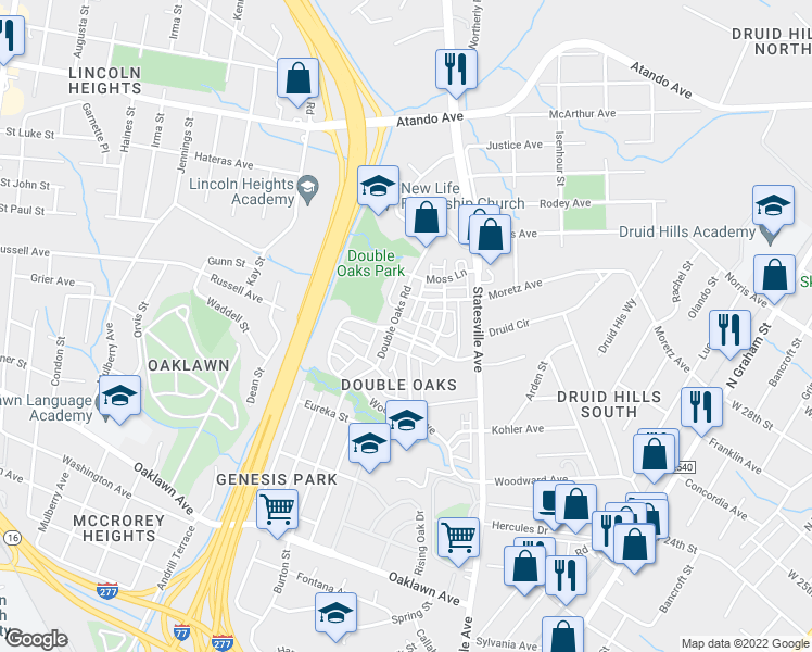 map of restaurants, bars, coffee shops, grocery stores, and more near 2501 Double Oaks Road in Charlotte
