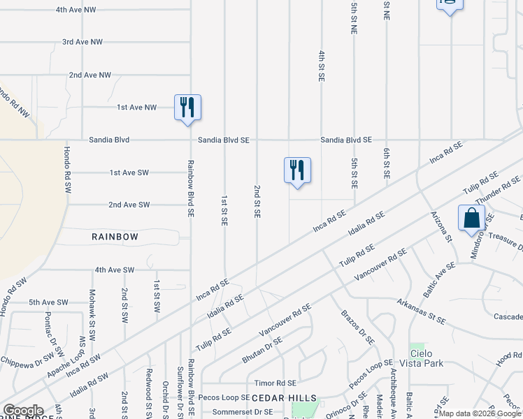 map of restaurants, bars, coffee shops, grocery stores, and more near 64 2nd Street Southeast in Rio Rancho