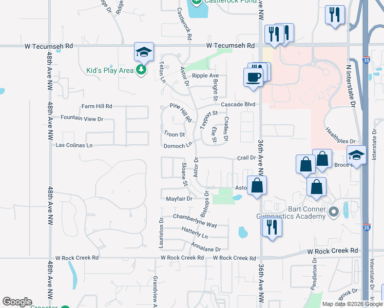 map of restaurants, bars, coffee shops, grocery stores, and more near 2916 Astor Dr in Norman