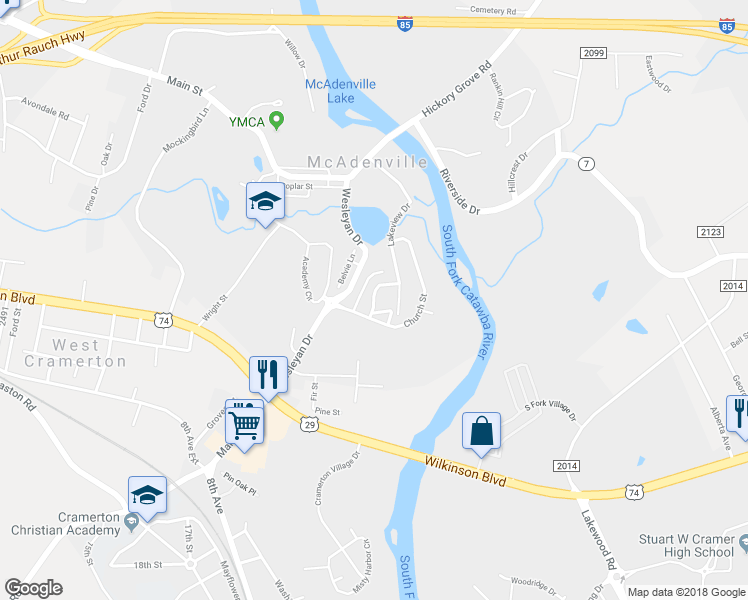 map of restaurants, bars, coffee shops, grocery stores, and more near Cedar Street in McAdenville