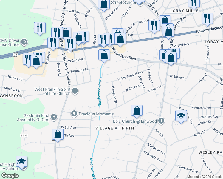 map of restaurants, bars, coffee shops, grocery stores, and more near 409 Hampton Street in Gastonia