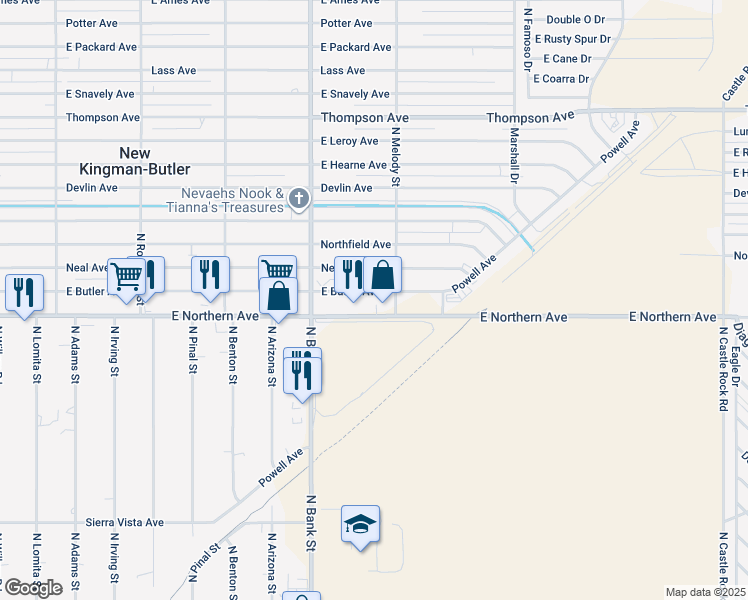 map of restaurants, bars, coffee shops, grocery stores, and more near 3090 East Butler Avenue in Kingman