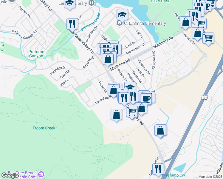 map of restaurants, bars, coffee shops, grocery stores, and more near 1778 Tonini Drive in San Luis Obispo