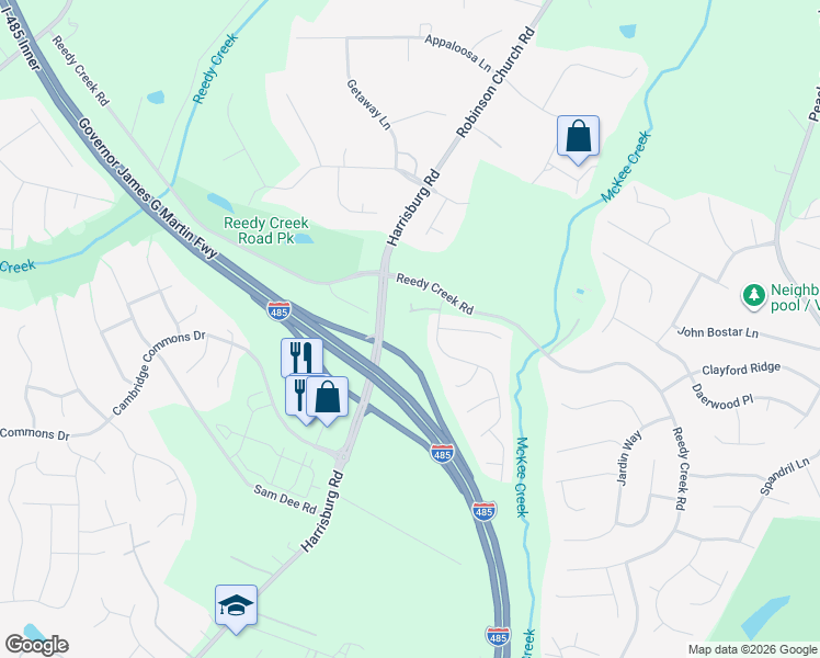 map of restaurants, bars, coffee shops, grocery stores, and more near 10900 Harrisburg Road in Charlotte