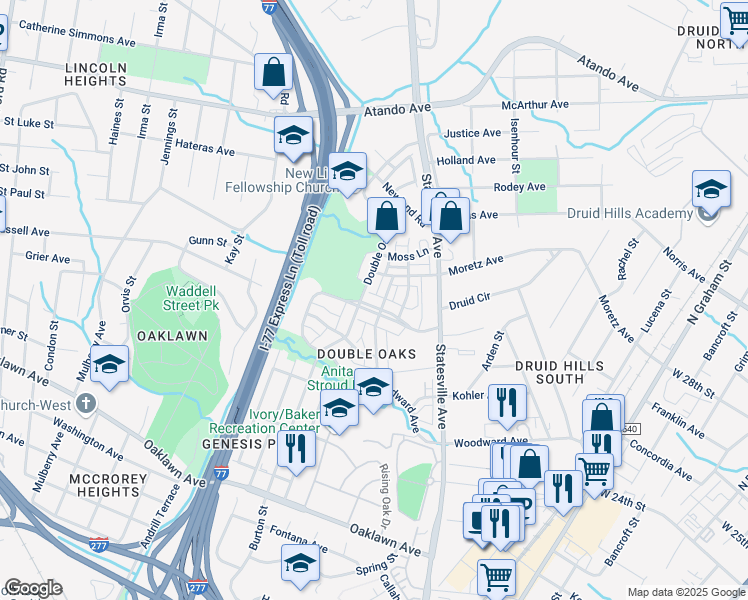 map of restaurants, bars, coffee shops, grocery stores, and more near 2501 Double Oaks Road in Charlotte