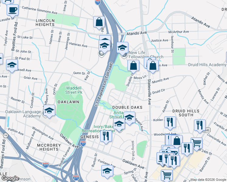 map of restaurants, bars, coffee shops, grocery stores, and more near 2104 Woodward Avenue in Charlotte